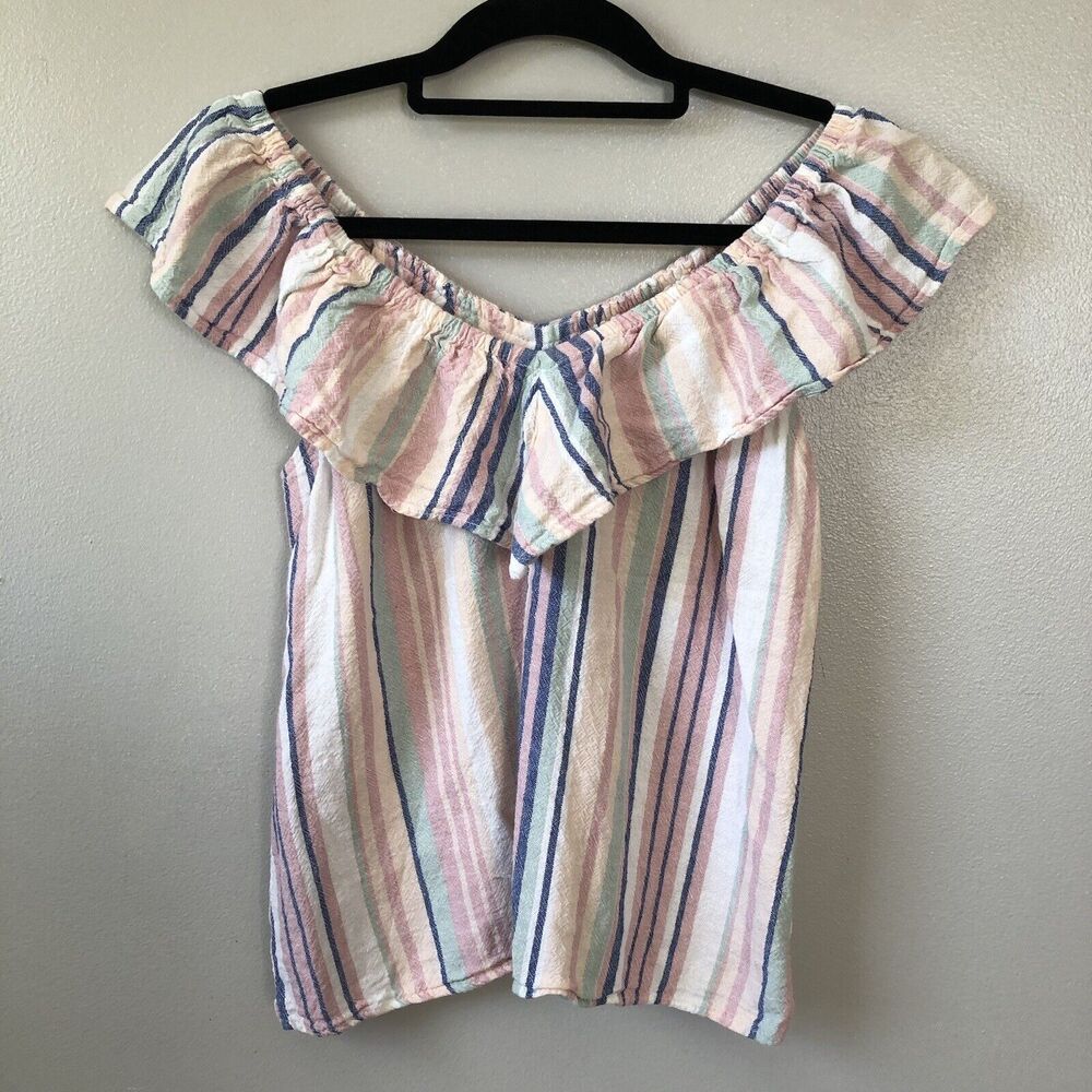 Ava James Off Shoulder Ruffle Top Womens Medium Pastel Striped Linen Blend Girly